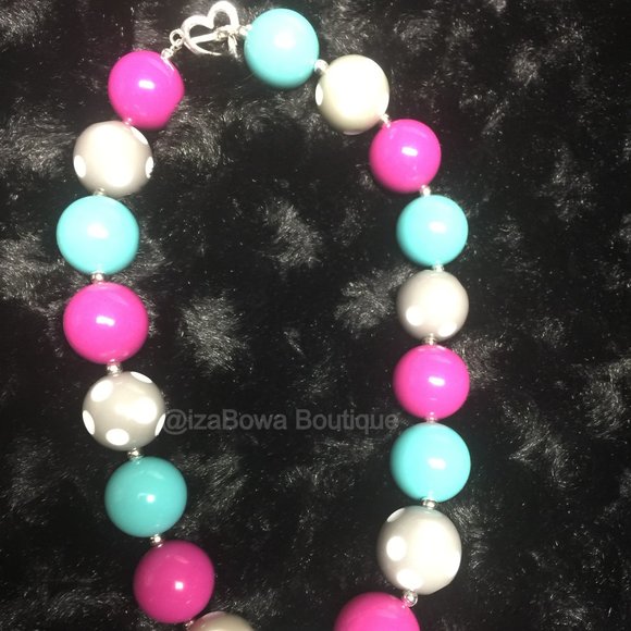 Grey Polka Dot, Aqua & Fuschia Chunky Bead Necklace HAND CRAFTED